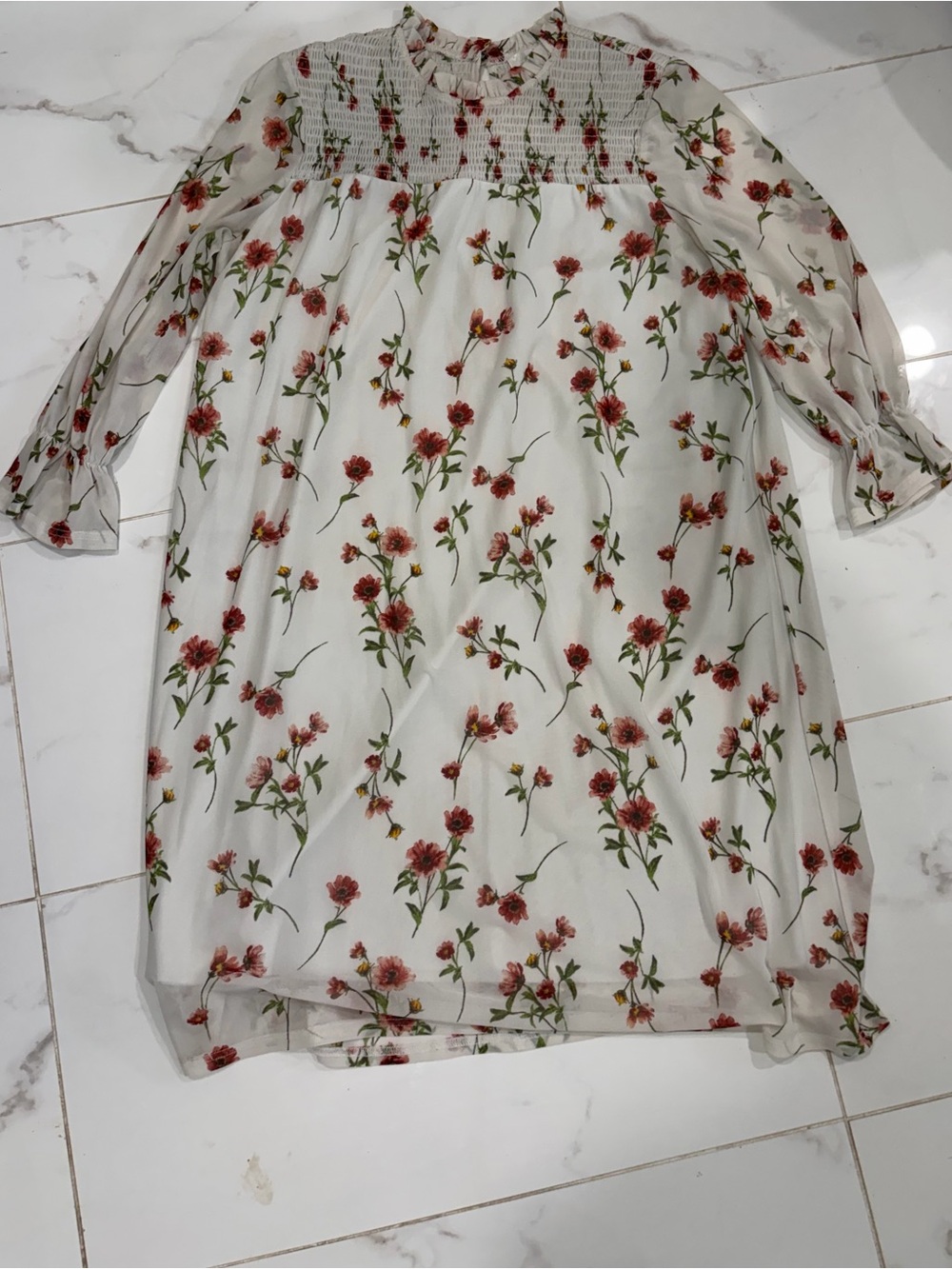 Sheer White Floral Smocked Yoke Dress